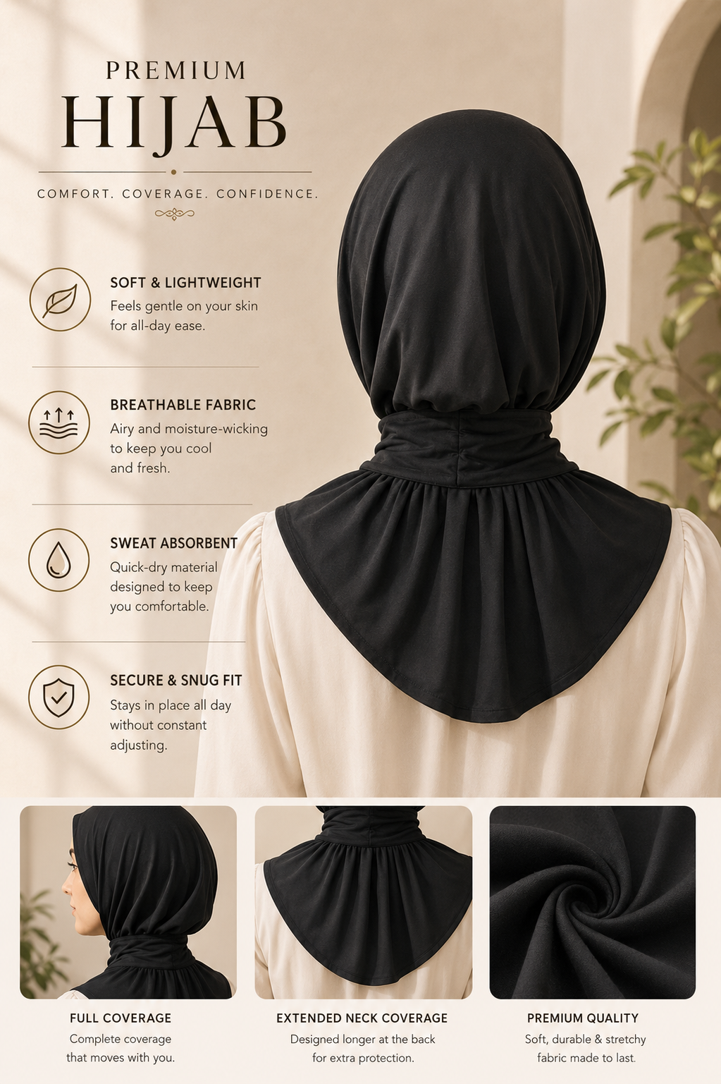 VEILA™ Instant Hijab Cap With Tie Back Buttons