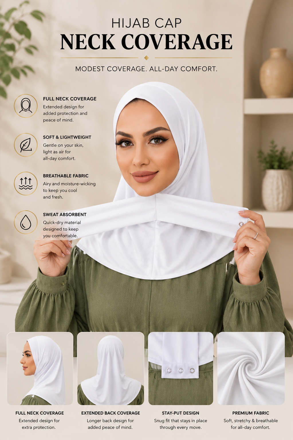 VEILA™ Instant Hijab Cap With Tie Back Buttons