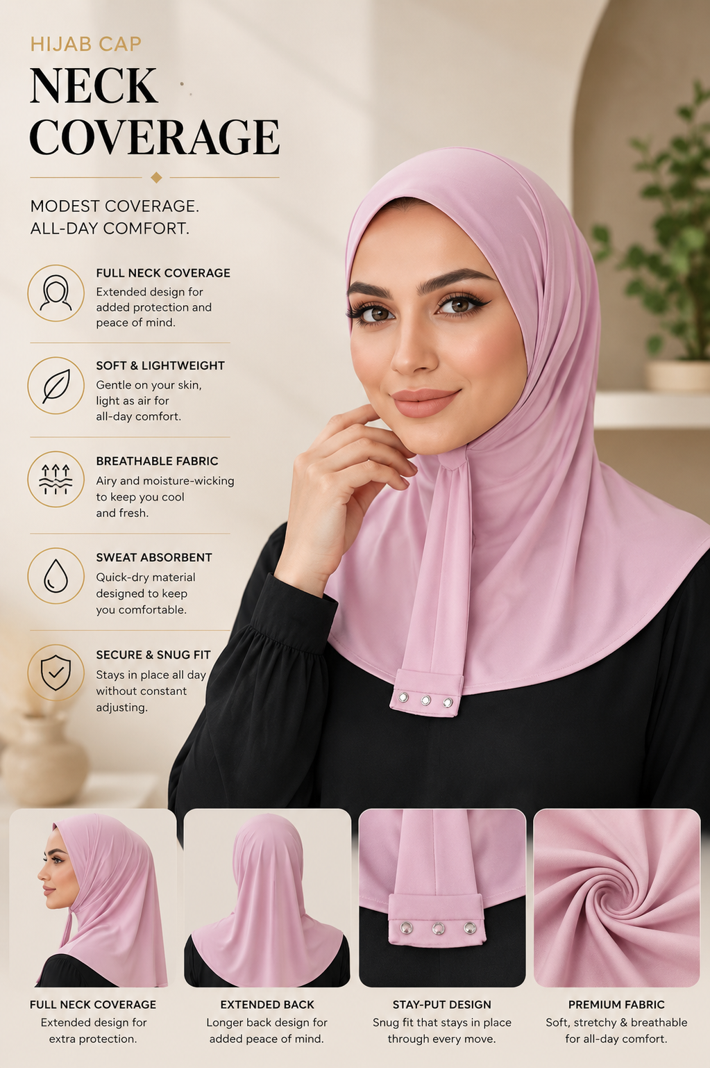 VEILA™ Instant Hijab Cap With Tie Back Buttons